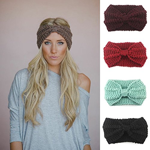 Allywit Women Knit Turban Headbands Bow Knot Hairbands Crochet Headwraps Hair Bows for Teens Girls (Khaki)