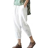LaovanIn Women's Linen Cropped Pants Tapered Ankle Capris Trousers Elastic Waist