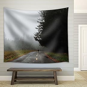 a Man Walking on The Road in Misty Day - Fabric Wall Tapestry Home Decor - 51x60 inches