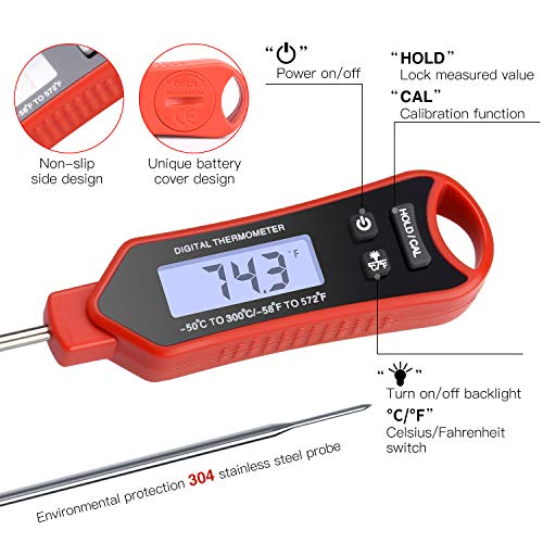 Meat Thermometer,Instant Read Digital Thermometer Waterproof with Super Long Probe for BBQ, Meat, Candy, Oil,Liquid, Milk Home Grilling Cooking Kitchen Thermometer