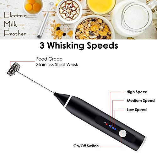 EZCO Milk Frother Handheld Electric USB Charging Drink Mixer Foam Maker for Coffee, Latter, Hot Chocolates with Egg Beater/Coffee Needle/Stencils, Black