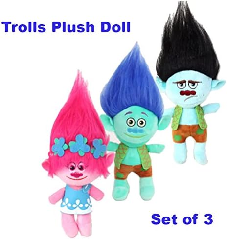 Dreamworks Trolls Movie 8" Plush Doll Set of 3 –Poppy and two Branch, By Ambassador.