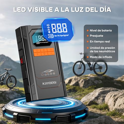 Kayoosi Arrancador de Batería de Auto Portátil 4000A, Compresor de Aire 150 PSI, 29800mAh, 10 en 1 Jumper para Carro 12V para 10L Diésel, para Autos, Motos, SUV, con Luz LED 600LM