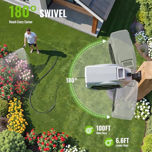 Hose Reel, PATOOLIO Auto Reel 30+2m Wall-Mounted, Retractable Garden Hose Reels, Auto Rewind, Self-Locking System, 180° Pivot Swivelling, 10 Function Spray Gun, Black