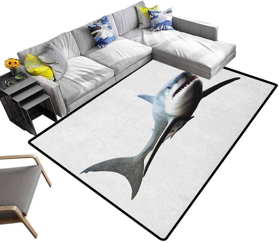 Shark Living Room Floor Carpets Digital Illustration of Wild Sea Creature Character Computer Art Artifical Image Bathroom Soft Durable Area Rug Blue Grey White (6'x9')