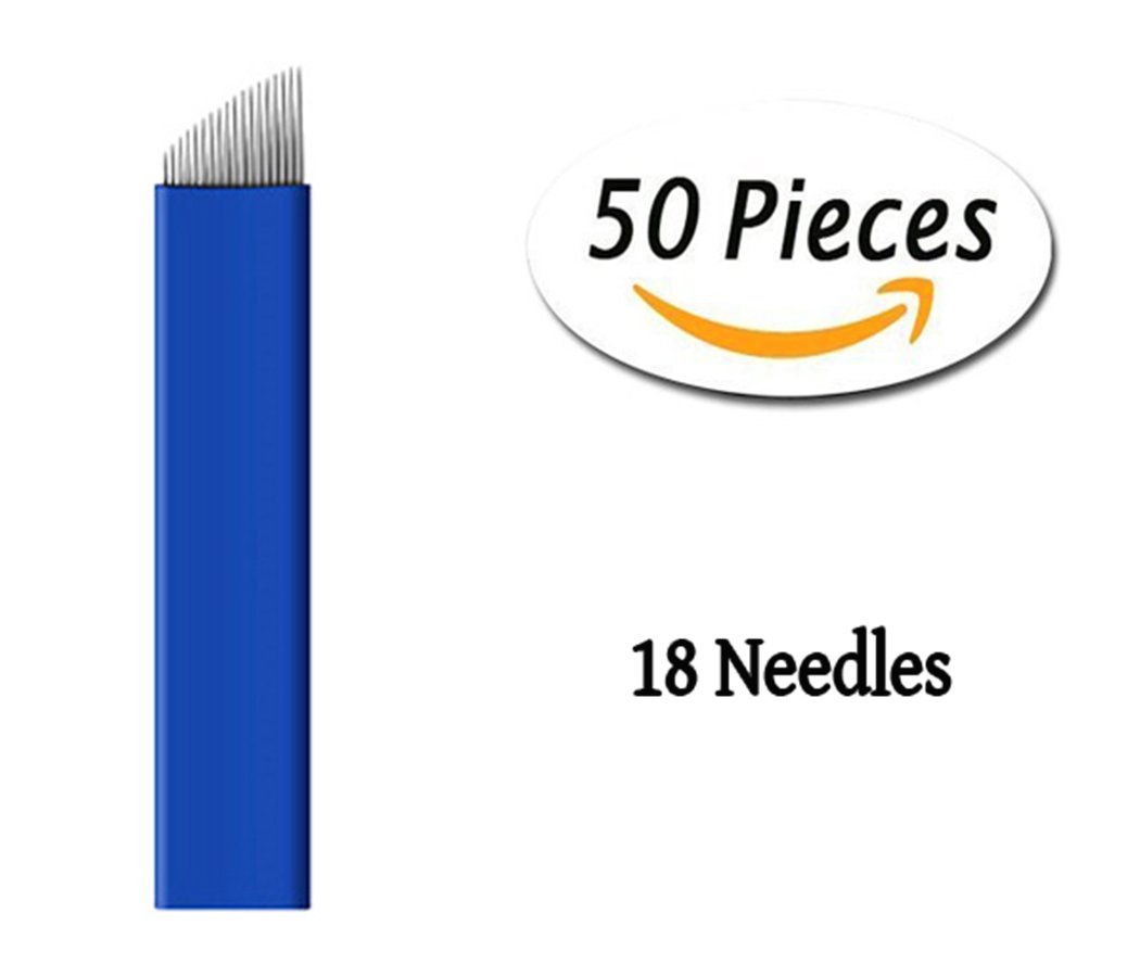 Xiaoyu 50PCS Microblading Needles, Tattoo Needles, Microblading Pens Eyebrow Tattoo Needles, Blue, 18 Pin