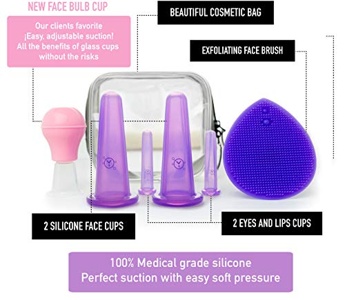 Facial Cupping Set (7Pcs) - Face, Eye and Lips Cupping Massage Kit with Silicone Cleansing Brush - Works with Fine Lines & Wrinkles - Helps with Instant Ageless Skin and Improved Collagen