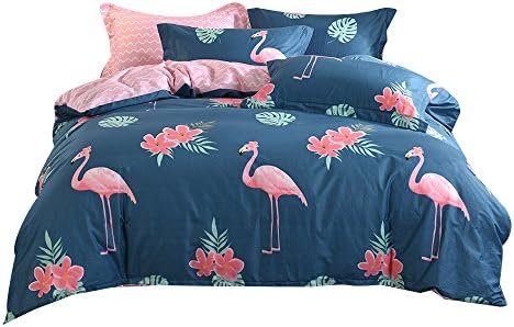 Alibasis 4-Piece Flamingo Patterns Duvet Cover Set,100% Cotton Zipper Closure Bedding Quilt Set, Queen, 78"x90"- (200x230cm, Deep Blue)