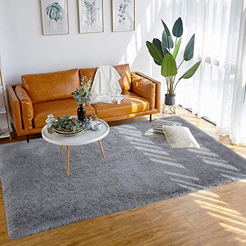 bedee Super Soft Living Room Rug, Large fluffy Area Rug Anti-Skid Faux Fur Rug Modern Shaggy Carpet for Bedroom with 8 pcs Anti-slip Rug Gripper (Grey, 120x160cm)