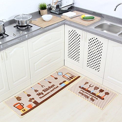 2pcs/set Non Slip Kitchen Floor Mat Durable Entrance Doormats Absorbent Carpets for Bedrooms Bath Rugs and Mats Set (15"x47"+ 15"x23" Inch) (Light Yellow)