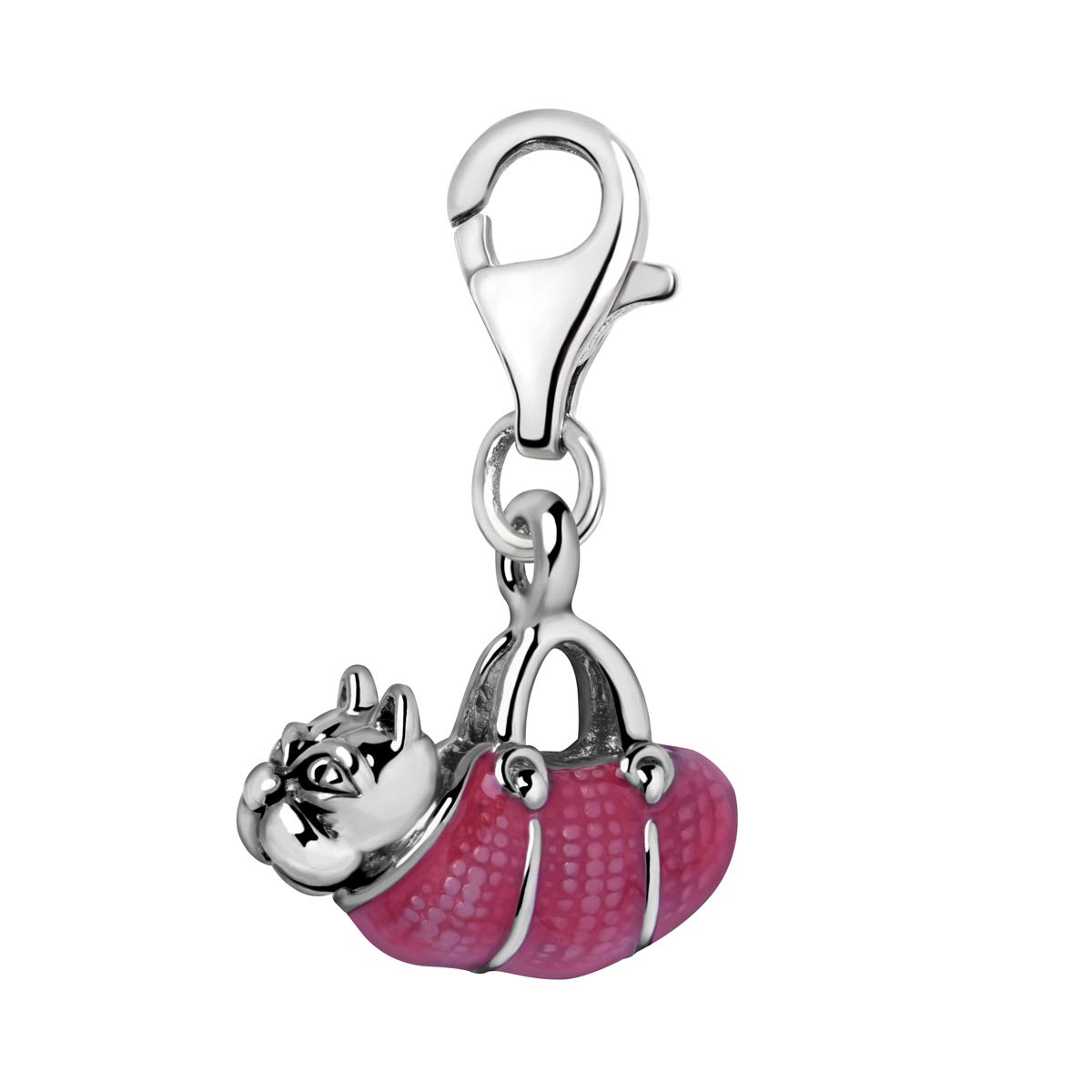Quiges Red Enamel Bag with 3D Bull Dog Clip On Charm Pendant Silver Plated Women's Jewellery