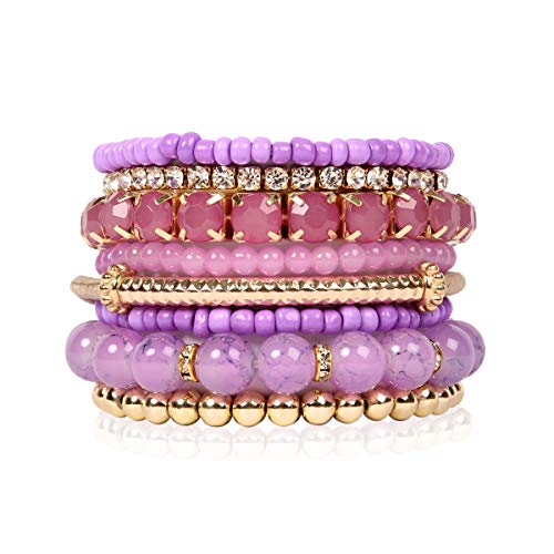 RIAH FASHION Multi Color Stretch Beaded Stackable Bracelets - Layering Bead Strand Statement Bangles (Original - Purple, 7)