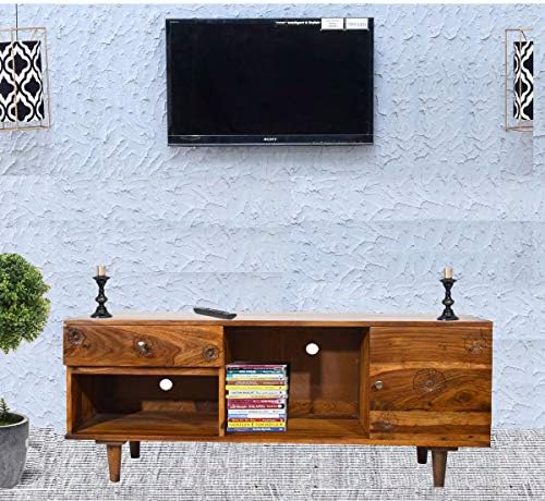 DAINTREE Sheesham Wood Flora 1.4 Meter 1 Door 1 Draw TV Unit Cabinet Entertainment Stand (Natural Teak Wood Finish)
