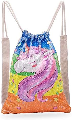 Unicorn Sequin Drawstring Backpack Reversible Mermaid Rainbow Glitter Canvas Bag for Girls and Women