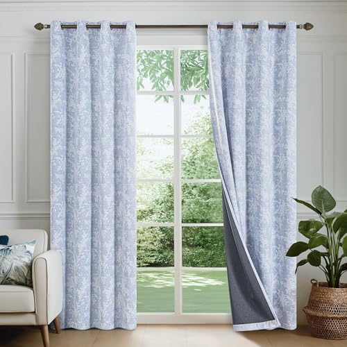 Fmfunctex Blue Floral Jacquard Blackout Curtains for Living Room 90 inch Scroll Flower Curtains for Bedroom Thermal Insulated Chenille Eyelet Curtain Room Darkening Window Curtain Drapes 2 Panels