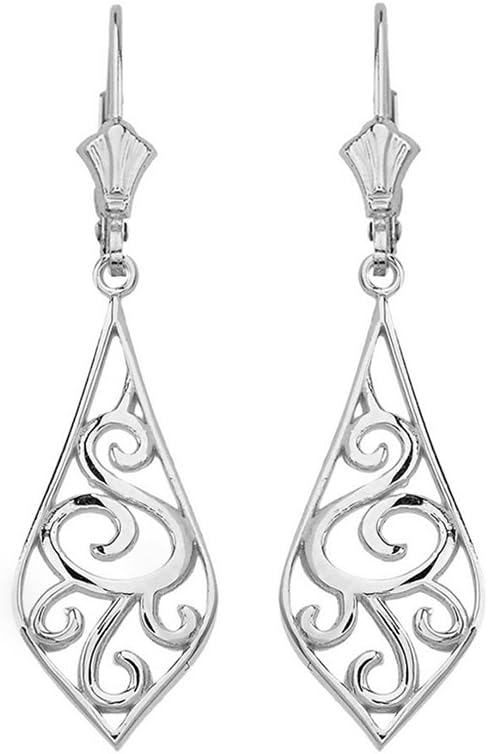 Solid 14k White Gold Filigree Rattan & Leaf Design Dangle Earrings (1.42")