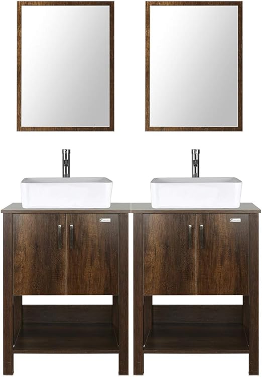 Amazon Com Eclife 48 Bathroom Vanity Sink Combo Brown Cabinet Vanity White Ceramic Vessel Sink And Chrome Bathroom Solid Brass Faucet And Pop Up Drain W Mirror 2t03b12c Kitchen Dining