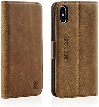 archaz iPhone X/iPhone Xs Wallet Case - Premium Leather Case for iPhone X/Xs - Flip Cover with Magnetic Latch Closure - Adjustable Viewing Stand - Compatible with Wireless Charger (Dark Brown)