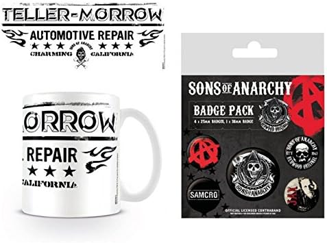 1art1 Sons of Anarchy, Teller-Morrow Automotive Repair Charming California Photo Coffee Mug (4x3 inches) and 1 Sons of Anarchy, Badge Pack (6x4 inches)