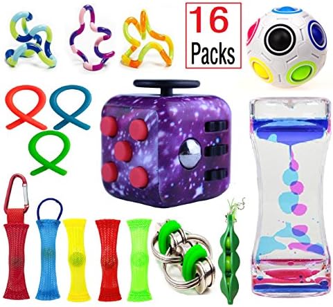 Edsports Sensory Fidget Toys Bundle(16 Pack)-Anti Stress Cube/Liquid Motion Timer/Rainbow Ball Magic Cube/starry sky Fidget/Bike Chain/Stretch Squeeze Toys for ADD ADHD Autism Stress Anxiety Reliever