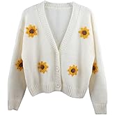 HOULENGS Women's Strawberry Print Button Down Long Sleeve V Neck Crop Cardigan Sweater