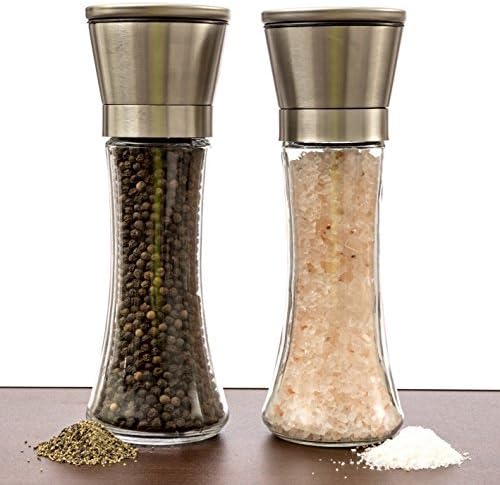 Salt And Pepper Grinder Set – A Dual Set Of Combo Shakers For Salt & Pepper Made Of Thick Glass Combined With Stainless Steel Top – Salt & Pepper Mill Pair , Salt And Pepper Crushers