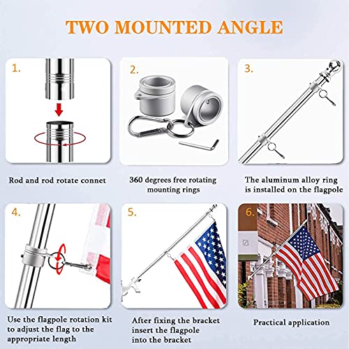 Updated 6 FT Flag Pole Kit with 2 Aluminum Flagpole Rings, Holder and 2