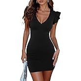 BONITEE Women Sexy Deep V Neck Bodycon Mini Dresses 2026 Summer Ruffle Sleeve Dress Casual Sleeveless Party Short Dresses