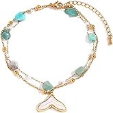 Kokoma Double Layer Mermaid Tail Anklet for Women Natural Stone Beaded Foot Chain Anklets Shell Fishtail Dangle Stainless Steel Link Chains Adjustable
