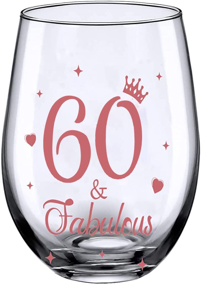 JUWNMANT 60th Birthday Gifts, Men and Women Cheers Wine Glasses, 60th Birthday Party Wedding Anniversary Decor Gift, 17oz Stemless (60 and Fabulous)