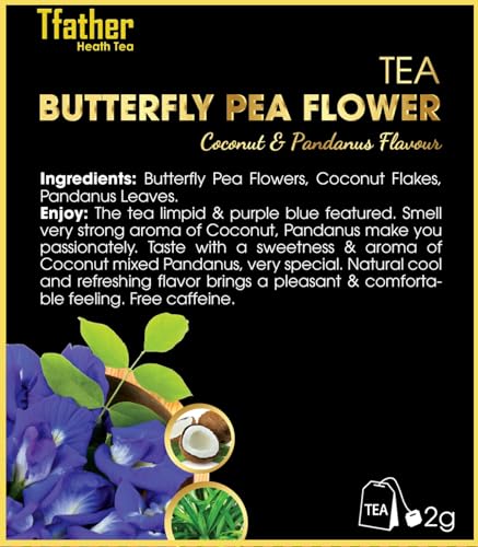 TFATHER – 33 BUTTERFLY PEA FLOWER TEA BAGS WITH DIPPING STRING – BUTTERFLY PEA, COCONUT & PANDANUS ORIGINAL FLAVOR – NO CAFFEINE, NO SUGAR, NO GLUTEN, NON GMO, VEGAN & NATURAL, PURPLE BLUE