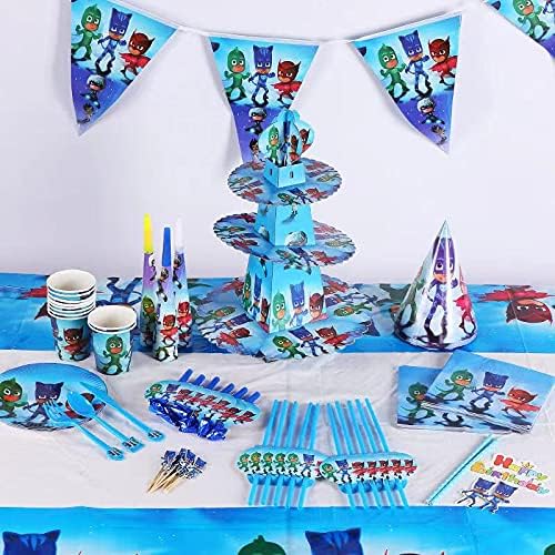 1pcs Birthday Decorations 10 Kids Pj Masks Party Includes Happy Birthday Banner 1pcs Pennant Banner Tablecover Plates Knives Spoons Forks Facemask Pj Masks Balloons Goodie Bags For Pj Masks Birthday Party Decoration Pj Masks Party Supplies Set Party
