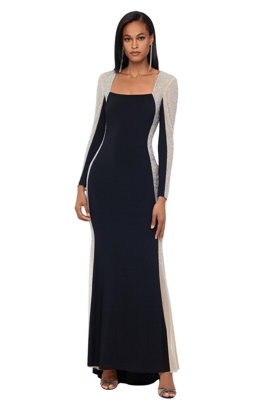 Photo 1 of **USED**
 Xscape Women's Long Sleeve Square Neck Caviar Beaded Mesh Panels Dress (Standard & Petite), Black Nude Silver, 16 Petite