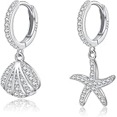 SLUYNZ 925 Sterling Silver CZ Seashell Hoop Earrings for Women Teens Starfish Huggie Earrings Dangle Beach Earrings