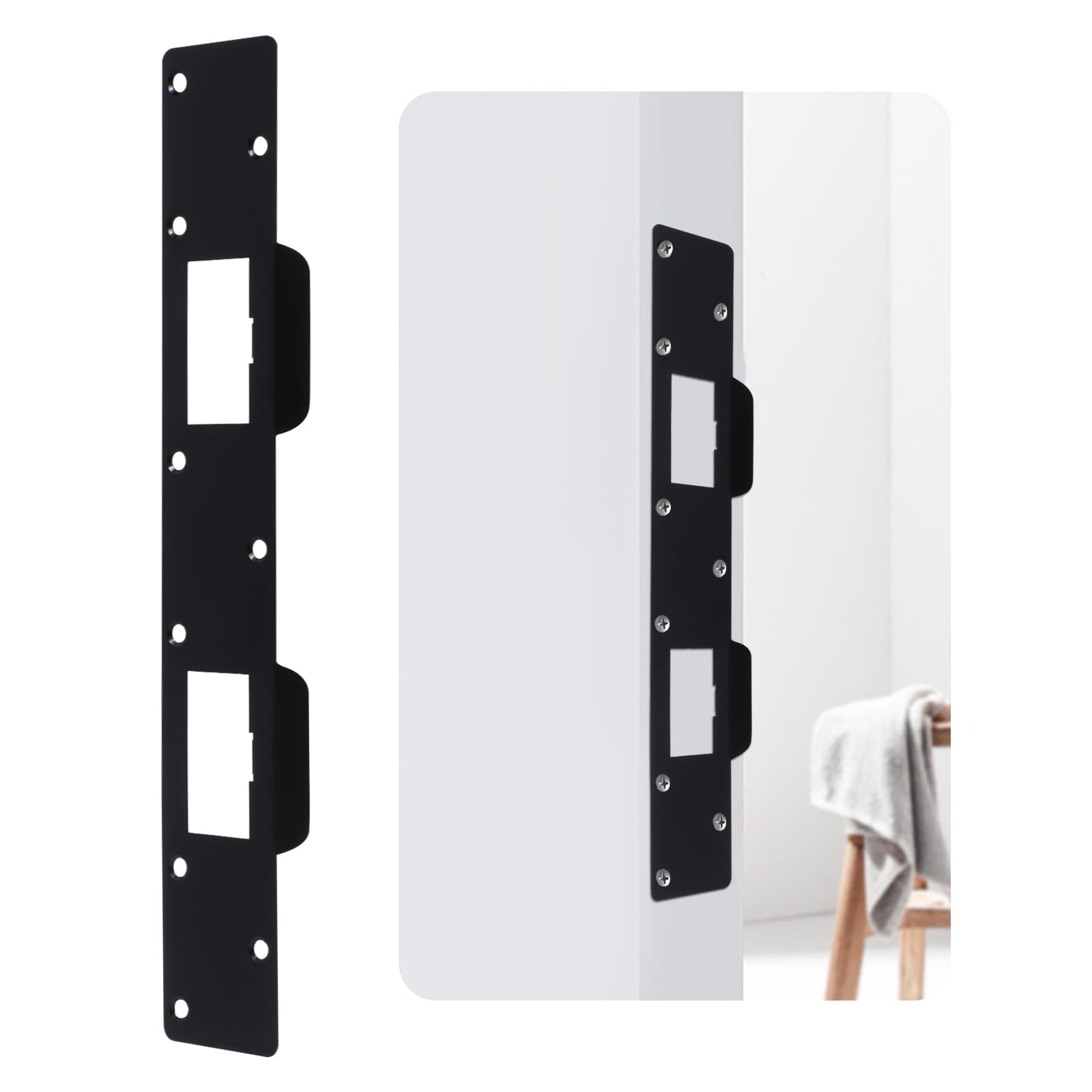 Photo 1 of Door Strike Plate Reinforcement Plate - Front Door Security Metal Striker Plates -Ideal for Exterior Interior Door Deadbolt Fix Door Frame Door Jamb Hole for 4-1/2 inch to 5 inch (Black-1pack)