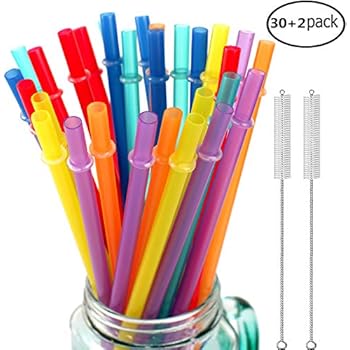 32 Pieces Reusable Plastic Straws Fit for Mason Jars, Tumblers, 10.25 Inches Extra Long Rainbow Colored Unbreakable Drinking Straws with 2 Cleaning Brushes, BPA Free and Eco Friendly