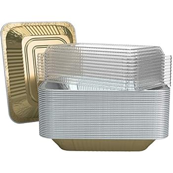 25 Pack Disposable Aluminum Foil with Lids - Deep Steam Table Pans Half Size with 10 Clear Plastic Dome lids - Heavy Duty Chafing 9 x 13 Inches Pans (Gold)