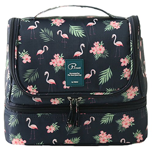 P.travel Portable Waterproof Cosmetic Bag Toiletry Bag Travel Kit (Dark Blue Flamingo)