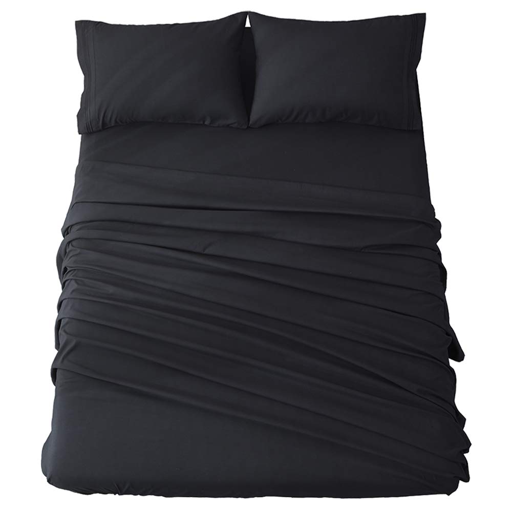 Shilucheng Bed Sheets Set Microfiber 1800 Thread Count Percale Super Soft and Comforterble 16 Inch Deep Pockets Wrinkle Fade and Hypoallergenic - 3 Piece(Twin XL, Black)