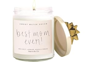 Sweet Water Decor, Best Mom Ever, Sea Salt, Jasmine, Cream, and Wood Scented Soy Wax Candle for Home | 9oz Clear Jar, 40 Hour Burn Time, Made in the USA