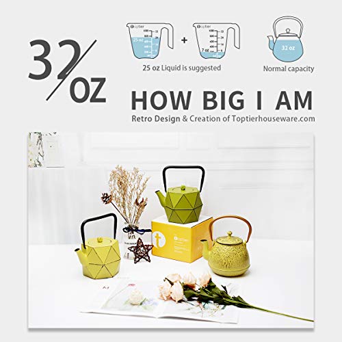 Tea Kettle, TOPTIER Japanese Cast Iron Teapot with Stainless Steel Infuser, Cast Iron Tea Kettle Stovetop Safe, Leaf Design Teapot Coated with Enameled Interior for 32 Ounce (950 ml), Yellow