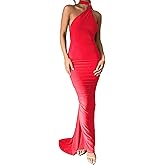 HJKOUYT Women Bodycon Maxi Dress Sexy Sleeveless Backless Ruched Bodycon Long Dress Elegant Prom Dresses