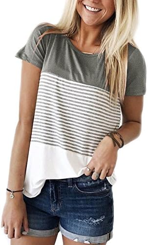 FOMANSH Women's Tops Short Sleeve Round Neck Striped Color Block T-Shirts Casual Blouse