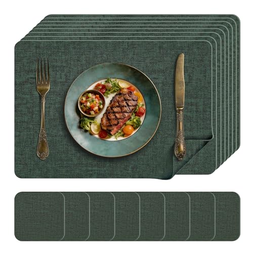 KitchenBoss Washable Placemats Placemats and Coasters: Set of 8 Double-Sided Placemats, Heat Resistant Non-Slip 43X30cm,Green