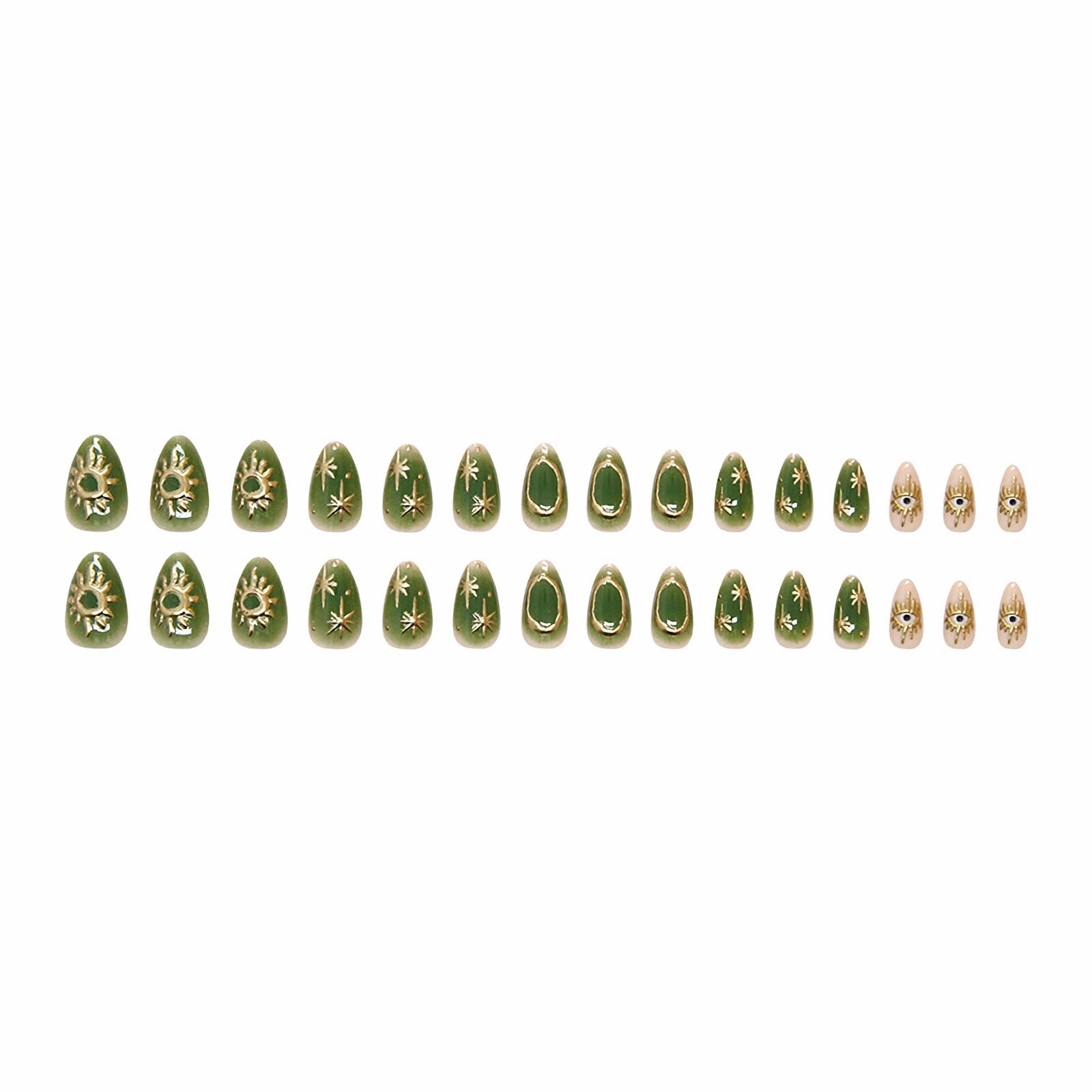 MERVF Almond Press on Nails Medium Fake Nails Green Gradient Glue on Nails Gold Sun Star Press ons Stiletto Acrylic Nails with Aura Design 30pcs Glossy - Image 2