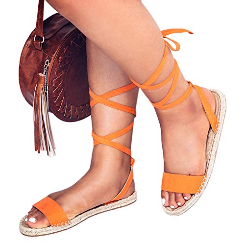 Women Lace up Espadrille Flats Side Cutout Ankle Strap Holiday Sandals with Pompon …