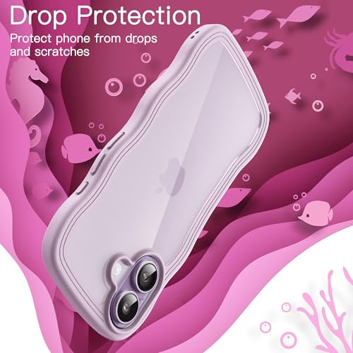 JETech Wavy Case for iPhone 17 6.3 Inch, Wave Frame Cute Curly Shape Anti-Shock Case for Women Girls, Transparent Back Hard PC (Purple)