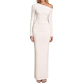 JKMNAO One Shoulder Long Sleeve Maxi Dress Bodycon Ruched for Women 2025 Fall Wedding Guest Formal Dresses