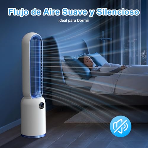 Bladeless Fan, Column Bladeless Floor Fan with Remote, 24 Speeds Silent Tower Fan 90° Oscillating, Touch Screen LED Display, 12H Timer, Brushless DC Pedestal Fan for Bedroom, Office (Blue)