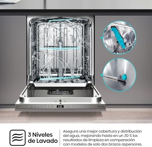 Hisense HV16D5 - Máquina de lavar louça integrada, classe D, 16 capacidade de serviços, altura 81,6cm x largura 59,8cm, secagem automática, programa automático, terceira bandeja, lavagem rápida de 15'